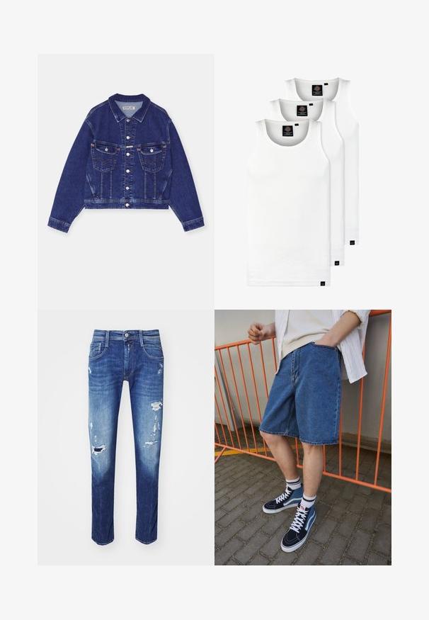 Traper jakna, tamnoplava, skraćenog dizajna, dugmad sprijeda, dva džepa na prsima s preklopima, kontrastni šavovi, dugi rukavi s dugmadi na manžetama.; Tri bijele rebraste majice bez rukava od pamuka. Imaju okrugli izrez i male crne oznake blizu rubova. Dostupne su u više veličina.; Tamno plave traperice s poderanim detaljima, dizajnom od pet džepova i suptilnim izbljeđenjima. Ravne nogavice s urednim rubom.; Traperice šortse u plavoj boji, do koljena, s prednjim džepom. Uparene s mornarsko plavim i plavim visokim tenisicama, koje imaju bijele vezice i prugaste čarape.