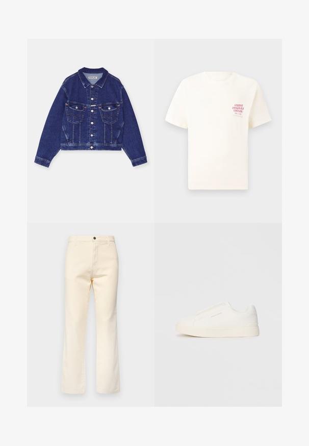 Jaqueta de ganga, azul escuro, design curto, frente com botões, dois bolsos no peito com aba, costura em contraste, mangas longas com punhos abotoados.; T-shirt branca de mangas curtas com o texto vermelho "Edição Originais do Estúdio" no lado esquerdo do peito, apresentada sobre um fundo cinza neutro.; Calças de ganga de algodão em creme, com um design de perna reta, apresentando um fecho frontal por botão e um estilo padrão de cinco bolsos.; Sapatilhas brancas de atacar com uma superfície texturizada, sola grossa e design minimalista. Possui o logo da marca na lateral.