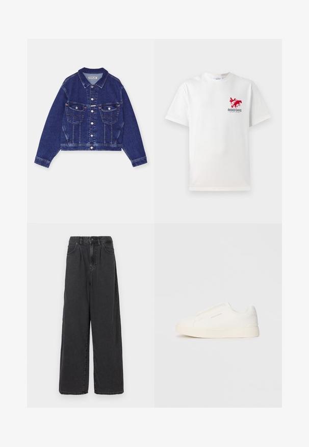 Farkkutakki, tummansininen, lyhennetty malli, napit edessä, kaksi sisätaskua läpällä, kontrastivärinen ompelu, pitkät hihat nappikiinnityksellä.; Valkoinen puuvillapaita, jossa on vasemmassa rinnassa punainen cowboy- ja hevoshahmo sekä "RODEO DAYS" -teksti kuvion alla.; Haalihousut, korkeavyötäröiset mustat farkut, joissa on edessä nappi- ja vetoketjukiinnitys, sivutaskut ja sileä pinta.; Valkoiset liukusukat, joissa on teksturoitu pinta, paksu pohja ja minimalistikot. Sivulla on brändin logo.