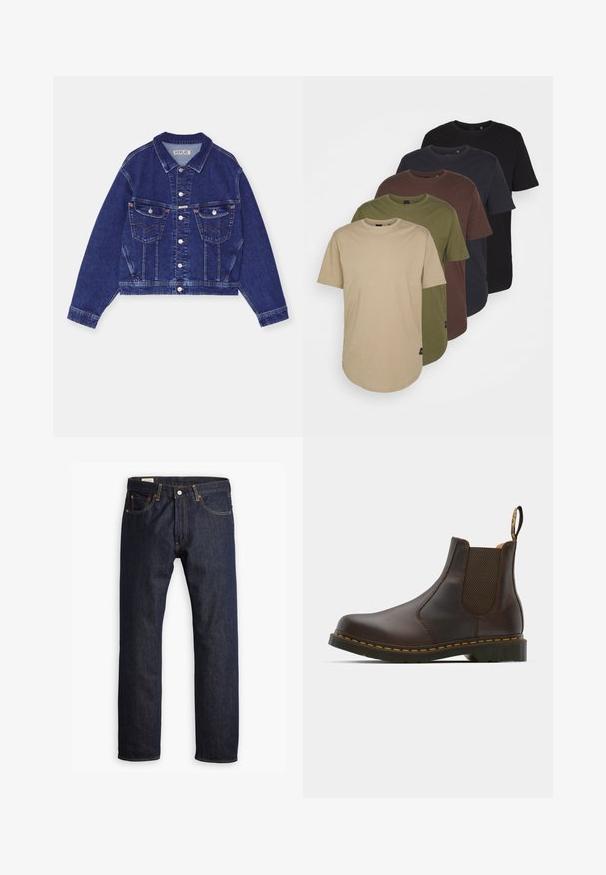 Farkkutakki, tummansininen, lyhennetty malli, napit edessä, kaksi sisätaskua läpällä, kontrastivärinen ompelu, pitkät hihat nappikiinnityksellä.; Viisi t-paitaa järjestettynä gradienttiväreissä: beige, oliivi, ruskea, tummansininen ja musta. Valmistettu pehmeästä puuvillasta, lyhyillä hihoilla ja pyöreällä kauluksella.; Tummansininen farkkuhousu, jossa on suora lahje, oranssit tikkaus ja viisi taskua, sekä metallinappikiinnitys.; Ruskean nahkainen Chelsea-kengä, jossa on elastiset sivupaneelit, teksturoitu korko ja kontrastivärinen keltainen tikkaus. Varustettu vetoketjulla helppoa pukemista varten.