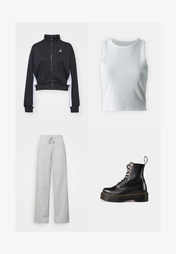 Fekete, rövidített sportdzseki magas gallérral, cipzáras záródással és fehér oldalsó panelekével. Kicsi logó található a mellkas területén.; Fehér bordázott ujjatlan top kerek nyakkivágással, egyenes szegéllyel és sima, rugalmas textúrával.; Szürke melegítőnadrág, elasztikus derékkal, zsinóros részletekkel és egy kis fehér Nike logóval a bal combon. Puha anyag, laza fazon.; Fekete bőrből készült, fűzős bokacsizma masszív fekete talppal és sárga varrással. Hátsó húzófüllel és kör alakú fémszemekkel rendelkezik.
