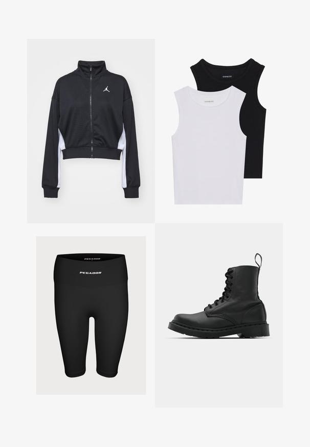 Must have musta musta musta musta. Rippuvad sportlik must crop-jakk kõrge krae, lukuga ja valgete külgpanelidega. Omab väikest logo rinna piirkonnas.; Kaks lühikeste varrukateta toppi mustas ja valges, valmistatud ribakudumist, ümarate kaelustega ja sobiva disainiga. Mõlemal on nähtavad sildid.; Mustad must sportlikud lühikesed püksid, mis on valmistatud venivast kangast, esipoolt kõrge vöökoht ja valge logo "PEGADOR".; Mustad mustavi combat kingad ümmarguse varbaga, paeltega esiosa ja säärel tõmbeaas. Omab paksu kummist tallat, mis tagab vastupidavuse.