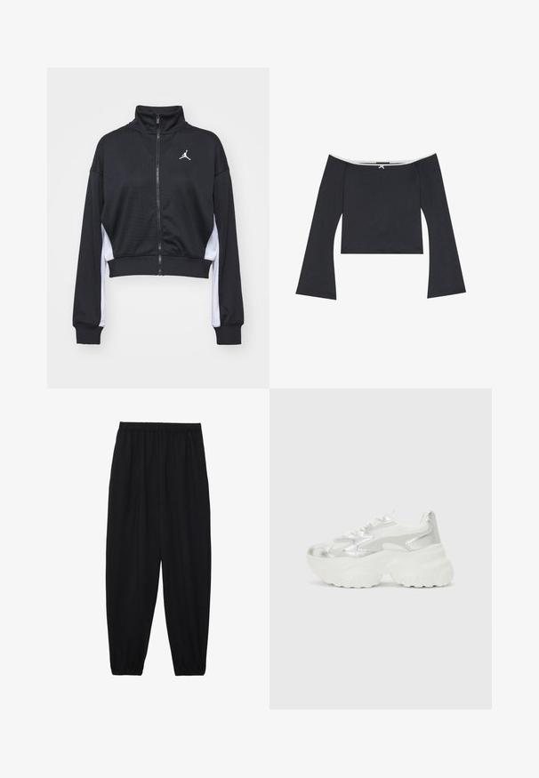 Melna sporta jaka ar īsu piegriezumu, augstu apkakli, rāvējslēdzēja aizdari un baltām sānu daļām. Izceļas ar nelielu logotipu krūšu rajonā.; Melnā off-the-shoulder īsā topā ar gariem zvana piedurknēm, gludu tekstūru un baltu apdari ap kaklu. Aizmugurē ir dekoratīvs mezgla elements.; Melnas, vieglas bikses ar elastīgu jostu un savilktiem potītiem. Audums ir gluds un to raksturo brīva, sašaurināta forma.; Sudraba sporta apavi ar teksturētu sieta virsmu un iridescentiem akcentiem, aprīkoti ar masīvu baltu zoli un saistēšanas aizdari.