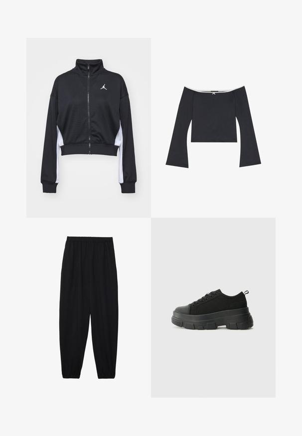 Melna sporta jaka ar īsu piegriezumu, augstu apkakli, rāvējslēdzēja aizdari un baltām sānu daļām. Izceļas ar nelielu logotipu krūšu rajonā.; Melnā off-the-shoulder īsā topā ar gariem zvana piedurknēm, gludu tekstūru un baltu apdari ap kaklu. Aizmugurē ir dekoratīvs mezgla elements.; Melnas, vieglas bikses ar elastīgu jostu un savilktiem potītiem. Audums ir gluds un to raksturo brīva, sašaurināta forma.; Melnas kedas ar masīvu gumijas zoli, teksturētu auduma augšdaļu, apaļu purngalu un saistīšanas dizainu. Iekļautas pastiprinātas acs atveres un aizmugurējais cilpiņas siksniņa.