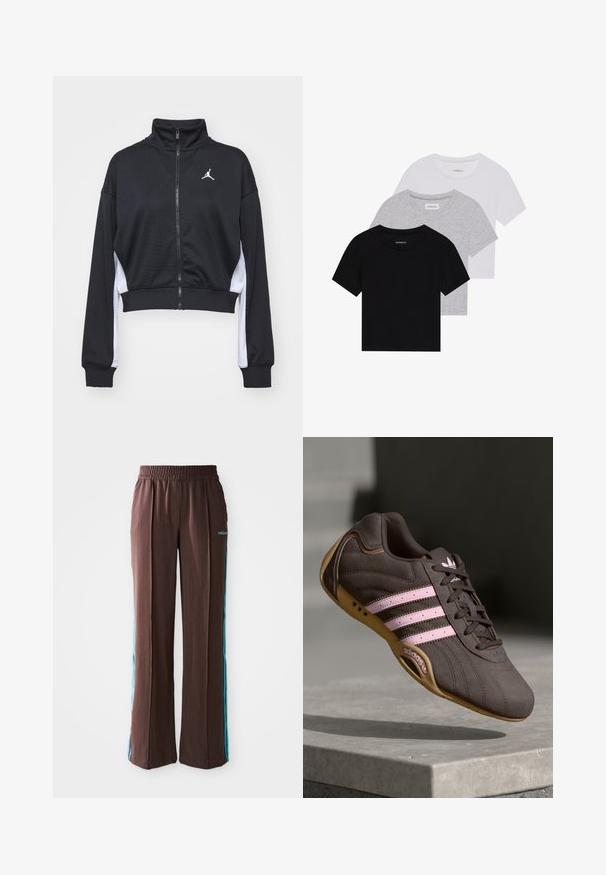 Fekete, rövidített sportdzseki magas gallérral, cipzáras záródással és fehér oldalsó panelekével. Kicsi logó található a mellkas területén.; Három rövidujjú póló készlet fekete, szürke és fehér színben. Pamutból készült, kerek nyakú, egyszerű, egyszínű dizájnnal.; Barna sportnadrág bordázott textúrával, rugalmas derékpánttal és türkiz oldalsávokkal. Az elején az adidas logóval rendelkezik.; Barna velúr sportcipő rózsaszín csíkokkal és logóval, texturált felsőrésszel, fűzős záródással és gumi talppal.