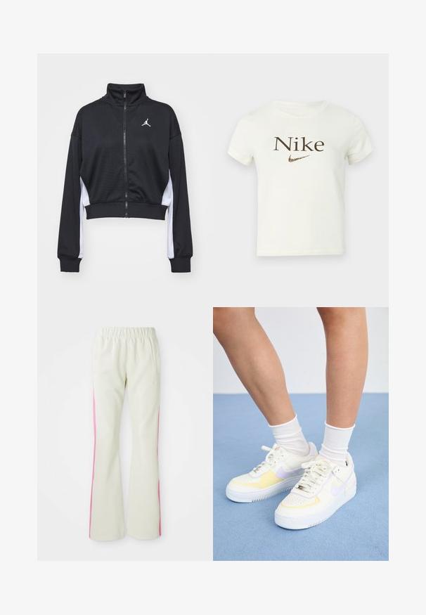 Fekete, rövidített cipzáras kabát sima anyagból, hosszú ujjakkal, magas gallérral, fehér oldalsó díszítéssel és a mellkason kis logóval.; Fehér, rövid ujjú, cropped t-shirt barna "Nike" felirattal és leopárdmintás Nike swoosh logóval a mellen.; Világos bézs színű nadrág, elasztikus derékrésszel, rózsaszín oldalsávokkal és oldalzsebekkel. Sima felület, egyenes lábdesign.; Fehér bőr sneakers sárga és levendula színű kiegészítőkkel, kerek orral, lapos fűzökkel és texturált gumitalppal. Fehér zoknival viselve.