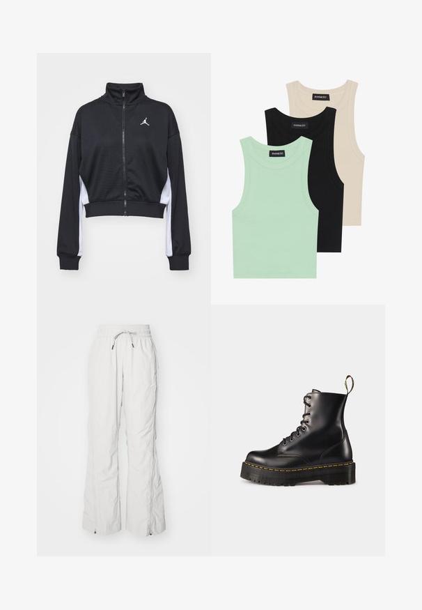 Jaqueta desportiva preta curta com gola alta, fecho de correr e painéis laterais brancos. Apresenta um pequeno logótipo na área do peito.; Três tops em mint green, preto e bege; feitos de tecido canelado com um decote redondo e sem mangas. Etiqueta da marca visível.; Calças cargo cinza claro feitas de tecido texturizado, apresentando uma cintura elástica com cordão, bolsos laterais e fechos de correr nos tornozelos.; Botas de tornozelo em couro preto com atacadores, com uma sola robusta preta e costura amarela. Apresenta uma alça na parte de trás e ilhós metálicos circulares.