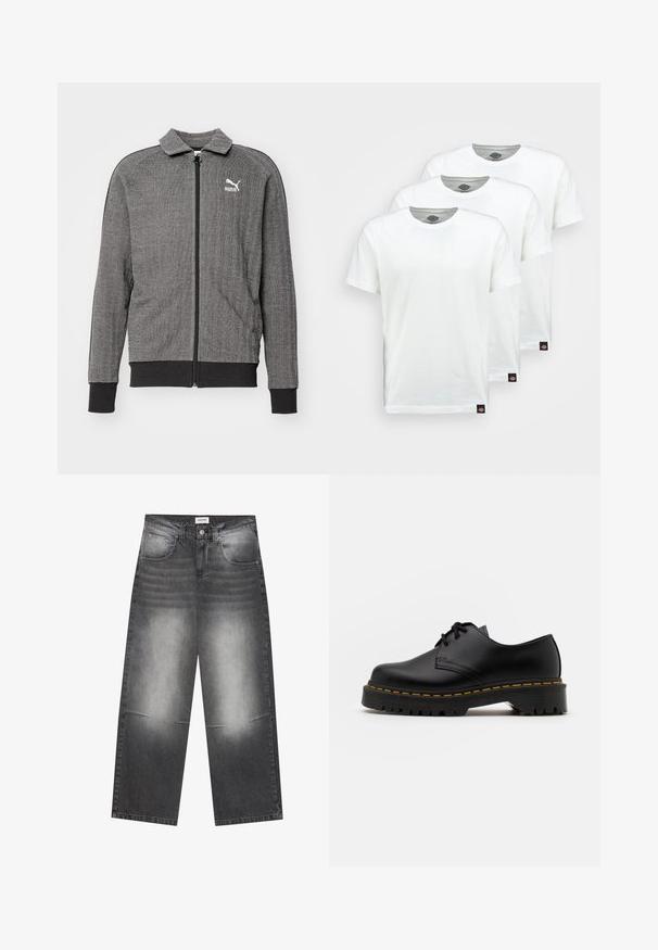 Puma Lukuga pusa - black alpine snow; Kolm üksikut valget puuvillast T-särki lühikeste varrugatega. Igal särgil on ümmargune kaelus ja väike must logo sildik vasakul küljel.; Laiad mustad teksad halli kulumisega, millel on ees taskud, nööbiga sulgemine ja kerge kulumine põlvedel.; Must musta lesti kingad ümarate varvastega, tekstureeritud kummitald ja kollane õmblus aluse ääres. Lame disain ja sile viimistlus.