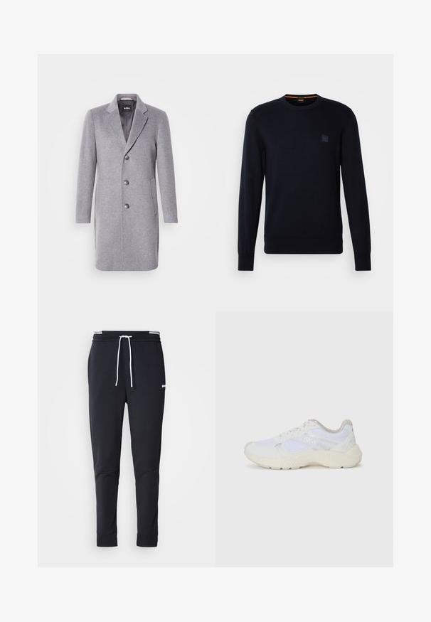 Pilka vilnos striukė su atlapų apykakle, trimis mygtukais, šoninėmis kišenėmis ir lygia vidine išklotine. Klasikinė formos pritaikymas.; Tamsiai mėlynas megztinis su ilgomis rankovėmis, apvaliu iškirpimu, kantais ant rankovių ir apačios, su mažu kvadratiniu logotipo ženkleliu krūtinėje.; Juodi liekni džinsai su balta raišteliu, elastinga juosmens juosta su baltais raštais ir maža balta logotipu viršutiniame šlaunies taške.; Balti sportiniai bateliai, pagaminti iš tinklinės medžiagos ir zomšos, su tekstūruotu viduriu, tekstūruotais akcentais ir „HUGO“ logotipu šone.