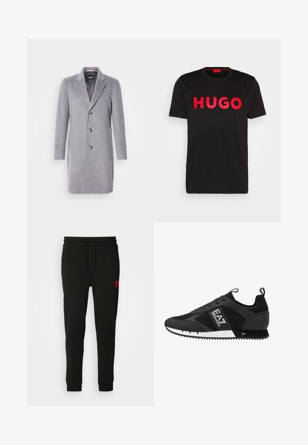 Mantou de lână gri cu guler tip rever, închidere cu trei nasturi, buzunare laterale și un căptușel interior neted. Formă clasică, croită.; Tricou din bumbac negru, cu text „HUGO” îndrăzneț roșu pe față, mâneci scurte, decolteu rotund și o croială lejeră.; Pantaloni de trening negri, confecționați dintr-un material moale, cu talie ajustabilă prin șnur, croi slim și un logo roșu pe coapsa stângă.; EA7 Emporio Armani LACES UNISEX - Sneakers low - black/white