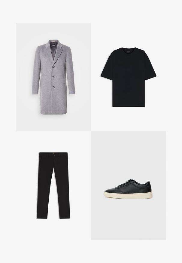 Grå ullkappa med slagkrage, treknappsöppning, sidofickor och en slät inredning. Klassisk skräddarsydd form.; Svart bomullströja med rund hals och korta ärmar. Har en lös passform och en enkel design utan mönster eller accenter.; Svarta byxor gjorda av tyg med en slät textur. Har en knäppning med knapp, bälteshällor och sidofickor. Standard rakt ben-design.; Svart låg skor i läder med svarta snören och off-white sula, visas i sidoprofil på vit bakgrund.
