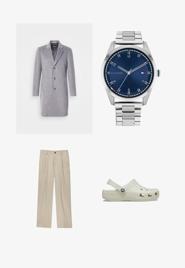 Grijze wollen jas met een revers kraag, drievoudige knoopsluiting, zijzakken en een soepel binnenvoering. Klassieke getailleerde vorm.; Bruine polo shirt van gladde stof, met een ritskraag, korte mouwen en een getailleerde pasvorm. Geen patronen of accenten zichtbaar.; Beige broek met een rechte snit, voorzien van een enkele zwarte knoop, riemlussen en zijzakken. Glad stoffen textuur en een minimalistisch ontwerp.; Crème-kleurige rubberen klomp met een achterkantband, ventilatiegaten, een textuur op de bovenkant en verhoogde randen. Beschikt over een ronde logo-accent aan de zijkant.; Zilveren metalen horloge met een geborstelde blauwe wijzerplaat, witte uurmarkeringen en een datumweergave. Voorzien van een geschakelde metalen band en het logo van het merk.