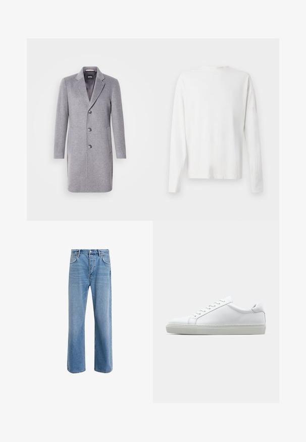 Abrigo de lana gris con cuello de solapa, cierre de tres botones, bolsillos laterales y un forro interior suave. Forma clásica y entallada.; Camisa de algodón blanca de manga larga con cuello redondo, aberturas laterales en la parte inferior y una textura suave, exhibida desde la parte de atrás.; Jeans de mezclilla azul claro con un diseño de pierna recta, cinco bolsillos, cierre de botón, ligeramente desgastados y detalles de costura en contraste.; Zapatilla blanca con parte superior de cuero liso y perfil bajo. Presenta una puntera redondeada, seis ojales y una suela de goma texturizada.