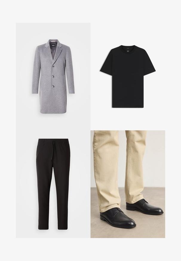 Grijze wollen jas met een revers kraag, drievoudige knoopsluiting, zijzakken en een soepel binnenvoering. Klassieke getailleerde vorm.; Zwarte korte mouwen T-shirt van een gladde katoenmix, met een ronde halslijn en een minimalistisch ontwerp zonder patronen of accenten.; Zwarte joggingsbroek van gladde stof. Kenmerkt zich door een elastische tailleband met een trekkoord, taps toelopende benen en geen zichtbare zakken. Eenvoudig ontwerp.; Zwarte leren veterschoenen met een ronde neus, een gladde afwerking en subtiele stikdetails, gedragen met lichtbeige broeken.