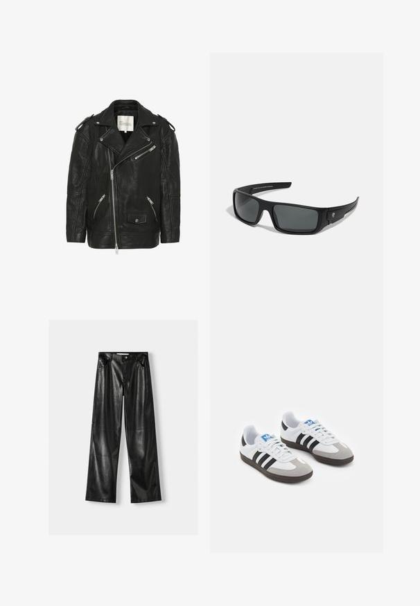 Črna usnjena motociklistična jakna z dvostranskim zapenjanjem, srebrnimi zadrgami, teksturirano površino in klasičnimi reverji.; Dva dolgoročna majici s dolgimi rokavi: ena črna in ena bela. Obe imata okrogel ovratnik in gladko, rebrasto teksturo. Logotip blagovne znamke je viden znotraj ovratnika.; Črne usnjene hlače širokega kroja z sijočo teksturo, ki vključujejo dve sprednji žep, zapiranje na gumb in vidne šive.; Športni čevlji z belim usnjenim zgornjim delom, sivim semišem na prstih in tremi črnimi črtami. Imajo modro logo na jeziku in teksturiran gumijast podplat.; Črne sončne očala s pravokotnim okvirjem, temno sivo lečo in gladko plastično površino. Opazna oznaka na strani.; Črna najlonska torba za rame s ukrivljenim oblikom, s srebrnim verižnim dodatkom, odstranljivim mini žepkom in nastavljivim trakom; vsebuje logotip "Steve Madden".