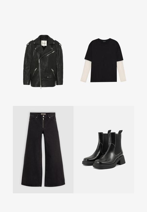 Melnas ādas motocikla jaka ar dubulto pogu aizdari, sudraba rāvējslēdzējiem, teksturētu virsmu un klasiskajām apmalēm.; Melna kokvilnas T-kreklu ar īsām piedurknēm, virs baltas garām piedurknēm ar smalku teksturētu rakstu. Apaļas kakla izgriezuma dizains.; Platas kājas džinsi melnā džinsa audumā ar rāvējslēdzēju priekšā, piecu kabatu dizains un smalkas šuvju detaļas. Gluda tekstūra un ikdienišķs stils.; Melni ādas Čelsijas zābaki ar masīvu papēdi, elastīgām sānu panelēm un kontrastējošu balto šuvumu. Teksturēts apdare.
