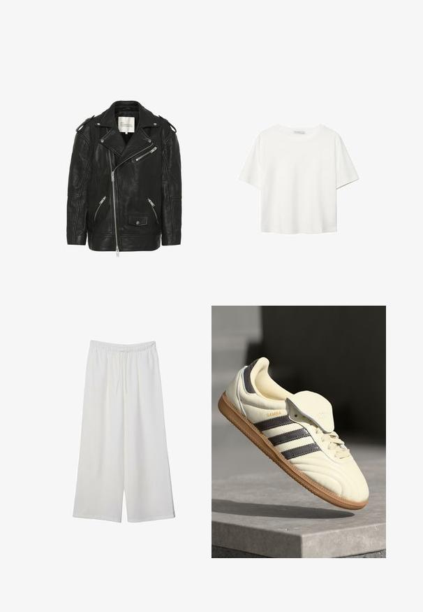 Sort lædermotorcykeljakke med dobbeltbrystet design, sølvfarvede lynlåse, struktureret overflade og klassiske revers.; Hvid kortærmet t-shirt lavet af bomuld. Har en rund halsudskæring og en afslappet pasform. Glat tekstur uden synlige mønstre eller detaljer.; Hvide vidde bukser lavet af letvægtsstof, med en elastisk talje og snøre for justerbar pasform. Glat tekstur.; Cremefarvede lædersneakers med tre mørke striber, en brun gummisål og en afrundet tå. Har en foldbar tunge mærket "SAMBA."