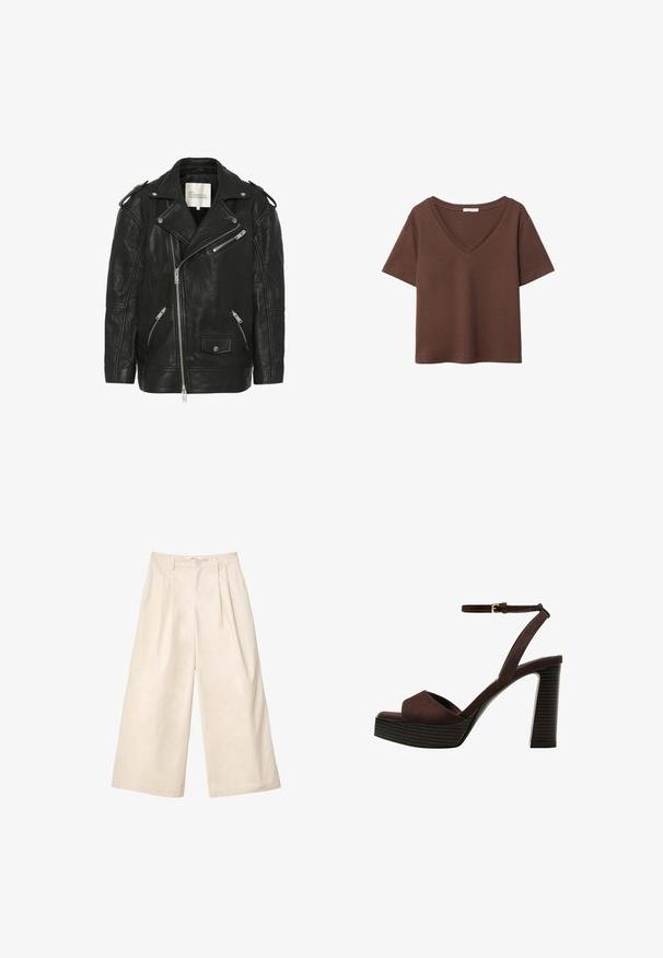 Sort lædermotorcykeljakke med dobbeltbrystet design, sølvfarvede lynlåse, struktureret overflade og klassiske revers.; Brun bomulds t-shirt med korte ærmer og dyb V-hals. Enkel design, blød tekstur og lige kant. Ingen mønstre eller detaljer.; Beige breddebukser lavet af blødt stof med høj talje, der har plisseringer og en frontknaplukning. Glat tekstur og skræddersyet design.; Brune ruskinds højhælede sandal med åben tå, justerbar ankelrem og en stribet plade sål.
