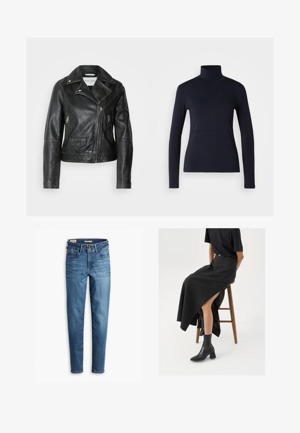 Marc O'Polo VINTAGE BIKER JACKET ZIPPER POCKETS SLITS ON SLEEVE HEM - Leather jacket - black; Navy turtleneck long-sleeve top. Made from soft fabric with a smooth texture. Features a fitted design and high collar without visible seams.; High-waisted, skinny jeans in light blue denim. Features five pockets, front button closure, and classic stitching detail throughout.; Black linen maxi skirt with a high slit, worn with a black t-shirt and black ankle boots. Minimalistic design with a relaxed fit.