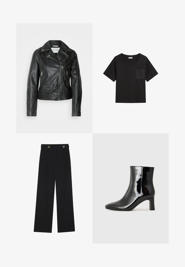 Marc O'Polo VINTAGE BIKER JACKET ZIPPER POCKETS SLITS ON SLEEVE HEM - Leather jacket - black; Black cotton t-shirt with a round neckline and short sleeves. Features a patch pocket on the left chest and a relaxed fit.; Black wide-leg trousers with high waist, button details on waistband, and front pleats.; Black patent leather ankle boot with a pointed toe and a mid-height block heel. Smooth texture and minimalist design.