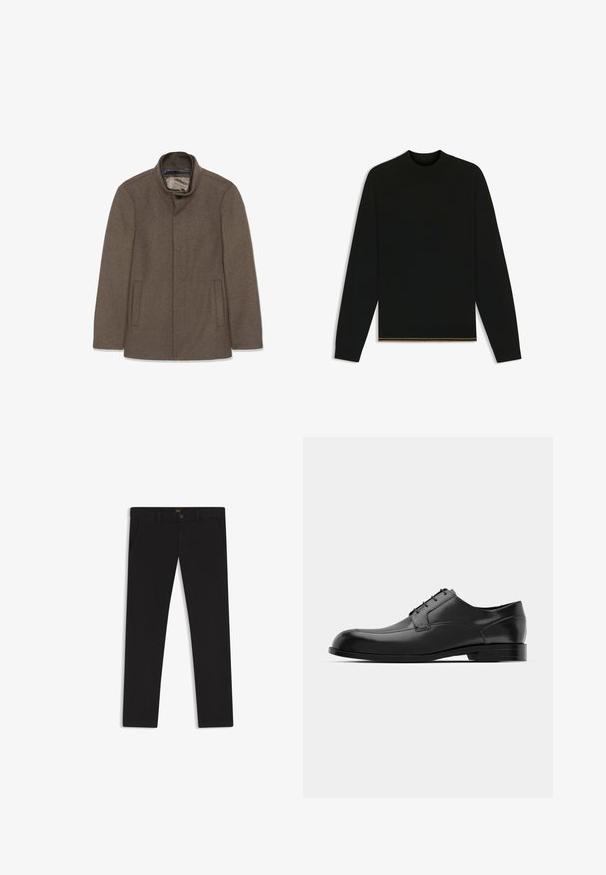 Ruskea villakangastakki, jossa on korkea kaulus, kaksi sivutaskua ja sileä vuori. Yksinkertainen muotoilu ilman näkyviä nappeja tai kuvioita.; Mustat neuleet esittelevä paita, jossa on pitkät hihat ja korkea kaulus. Helman kultaista koristeita. Sileä tekstuuri ja istuva muotoilu.; Mustat housut, jotka on valmistettu sileätekstiilisestä kankaasta. Varustettu nappikiinnityksellä, vyölenkeillä ja sivutaskuilla. Standardi suora lahjemalli.; Musta nahkakengät, joissa on pyöreä kärki, sileä pinta, vähäiset saumat ja litteä pohja, jossa on huomaamaton brändäys kantapäässä.