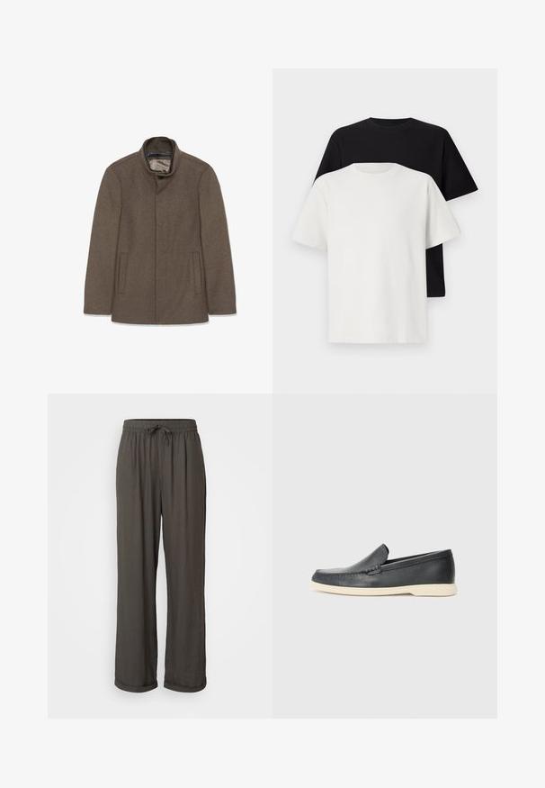 Smeđi vuneni kaput s visokim kragnom, dva bočna džepa i glatkom unutarnjom podstavom. Jednostavan dizajn bez vidljivih dugmadi ili uzoraka.; Set pamučnih majica koji uključuje crnu i bijelu majicu, obje s kratkim rukavima, okruglim izrezom i klasičnim krojem. Tekstura tkanine.; Tamno sivi široki hlače s elastičnim pojasom, izrađene od mekog, teksturiranog materijala, s prevrnutim rubovima na gležnjevima.; Crne kožne cipele na slip-on s teksturiranim završetkom i kontrastnom bež gumom. Imaju suptilan naglasak duž prednje strane.