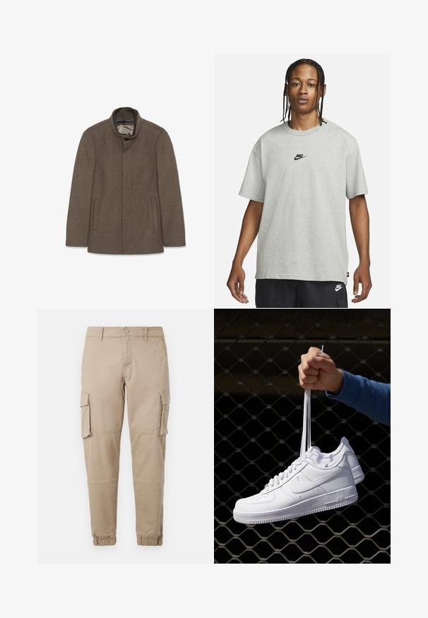 Abrigo de lana marrón con un cuello alto, dos bolsillos laterales y un forro interior liso. Diseño simple sin botones visibles ni patrones.; Joven con cabello trenzado que lleva una camiseta Nike gris claro y pantalones cortos Nike negros frente a un fondo blanco liso.; Pantalones cargo beige de un material de algodón ligero. Presenta puños elásticos, múltiples bolsillos laterales y un cierre de botón.; Zapatillas de cuero blanco con perforaciones, punta redonda, suela plana y cordones gruesos, con un logo de swoosh visible y "AIR" en el talón.