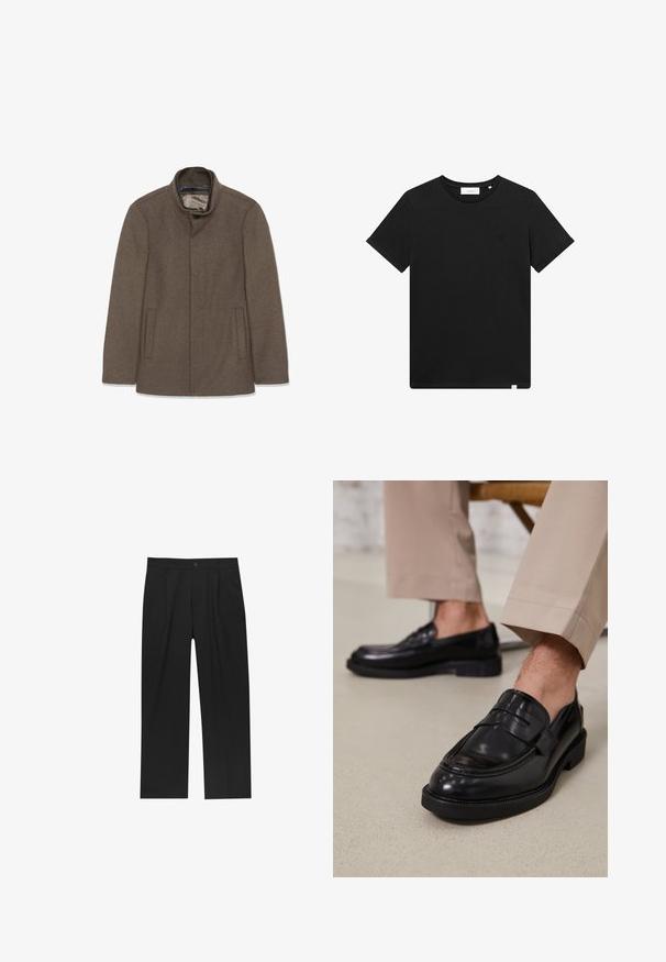 Cappotto di lana marrone con colletto alto, due tasche laterali e una fodera interna liscia. Design semplice senza bottoni o motivi visibili.; T-shirt nera a maniche corte in cotone, con scollatura rotonda e un piccolo logo ricamato sul petto. Tessuto liscio, vestibilità standard.; Pantaloni neri con un design a gamba dritta, realizzati in un tessuto liscio. Presentano pieghe frontali e una chiusura a un bottone in vita.; Mocassini in pelle nera con finitura liscia, dotati di una cintura decorativa e cuciture a contrasto, abbinati a pantaloni beige.