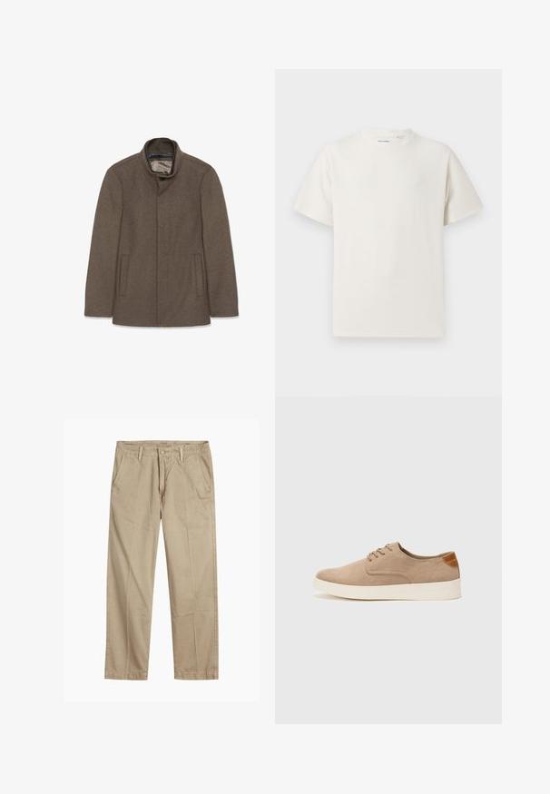 Barna gyapjúkabát magas gallérral, két oldalsó zsebbel és sima bélésű belső résszel. Egyszerű dizájn, látható gombok vagy minták nélkül.; Fehér, rövid ujjú póló bordázott textúrával. Kerek nyakkivágás, laza szabás, nincs látható minta vagy díszítés. Egyszerű és sokoldalú dizájn.; Beige egyenes szárú chino nadrág övhurkokkal, elülső gombos és cipzáras záródással, valamint ferde elülső zsebekkel.; Beige velúr sportcipő, kerek orral, fűzős elülső résszel és textúrált hátsó részlettel. Fehér gumitalp kontrasztot ad. Egyszerű és modern design.