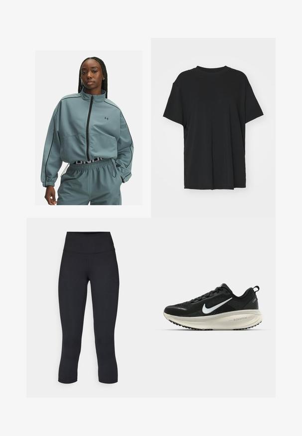 Jasnoniebieska krótka kurtka z wysokim kołnierzem, zamkiem błyskawicznym, czarnymi lamówkami i logo Under Armour na lewym piersi.; Czarna krótko rękawowa koszulka wykonana z gładkiego materiału, z okrągłym dekoltem i luźnym krojem. Posiada boczne rozcięcia, które zapewniają dodatkowy komfort i przewiewność.; Czarne, krótkie legginsy wykonane z elastycznego materiału, z wysokim stanem i gładką strukturą, bez widocznych wzorów czy elementów metalowych.; Czarna biegowa półbut z oddychającej siateczki, białym logo swoosh, teksturowanymi detalami oraz kremową podeszwą środkową ZoomX.
