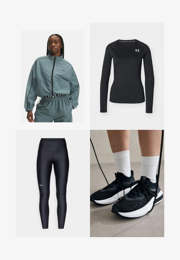Svetlo modra skrajšana jakna z visokim ovratnikom, zadrgo, črnimi obrobnami in logotipom Under Armour na levi strani prsnega koša.; Črna dolga športna majica s splošno teksturo, ki ima okroglo izrezovanje in majhen bel znak na levem prsnem delu.; Črne pajkice iz gladkega, elastičnega materiala z visokim pasom. Imajo bel logotip na levem stegnu in oprijet kroj.; Črne športne čevlje z strukturirano tkanino, belo podplatom in črnimi vezalkami. Nosi se z belimi rebrastimi nogavicami, stoje na svetli površini.