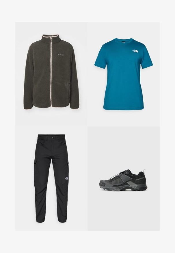 Φλις μπουφάν σε σκούρο πράσινο χρώμα με ροζ φερμουάρ. Ψηλός γιακάς, πλήρες φερμουάρ μπροστά και δύο πλαϊνές τσέπες. Μαλακή υφή και λεπτομέρειες με αντίθετο ράψιμο.; Μπλουζάκι κοντομάνικο σε τιρκουάζ από μαλακό βαμβάκι, με λευκό λογότυπο τυπωμένο στο αριστερό στήθος και κλασικό σχέδιο με στρογγυλή λαιμόκοψη.; The North Face HORIZON PANT - Παντελόνι εξωτερικού χώρου - black; Μαύρο παπούτσι τρεξίματος για μονοπάτια με ανθεκτικό ανώτερο τμήμα από πλέγμα, ενισχυμένη μύτη, υφή από καουτσούκ στη σόλα και ελαστικό σύστημα κορδονιών για ασφαλή εφαρμογή.