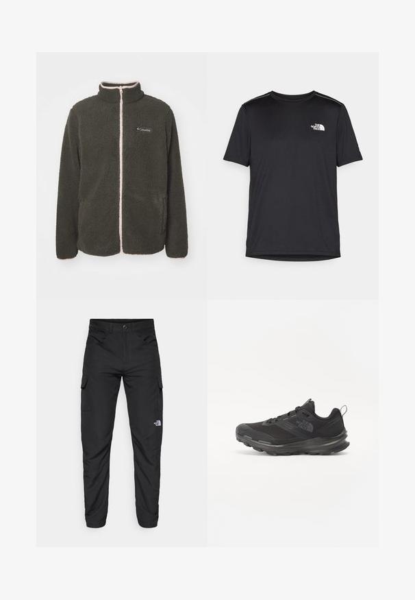 Chaqueta de forro polar en verde oscuro con una cremallera rosa. Cuello alto, cierre frontal de cremallera completa y dos bolsillos laterales. Textura suave y detalles de costura en contraste.; Camiseta negra de manga corta hecha de tejido ligero. Presenta un pequeño logo blanco en el lado izquierdo del pecho y sutiles acentos en los hombros.; The North Face HORIZON PANT - Pantalones montañeros largos - black; Zapatilla deportiva negra con parte superior de malla, suela de goma y cuello acolchado. Cuenta con cordones, logotipo en el lateral y un diseño texturizado.