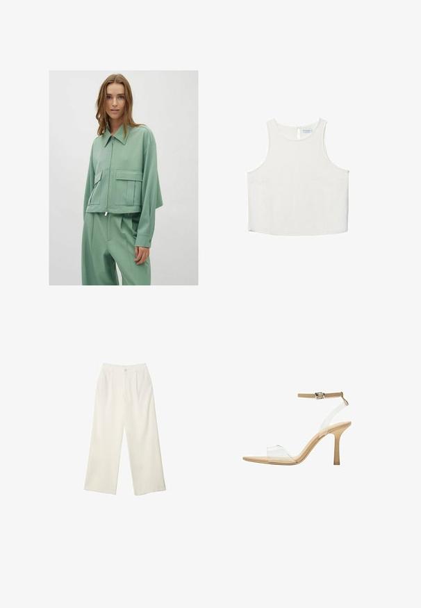Miętowa, krótka kurtka z kołnierzykiem, zamkiem z przodu i dwiema dużymi naszytymi kieszeniami; wykonana z gładkiego, lekkiego materiału.; Biała bezrękawnik z okrągłym dekoltem, z delikatną teksturą, z tylnym wycięciem w kształcie klucza oraz prostym wykończeniem dołu.; Spodnie z szerokimi nogawkami w kremowej tkaninie o gładkiej fakturze, z pojedynczym guzikiem z przodu, subtelnymi plisami i wysokim stanem.; Przezroczysta sandał z obcasem, z przezroczystą cholewką, beżową wkładką i smukłym paskiem w okolicy kostki. Posiada spiczasty czubek i cienki wysoki obcas.