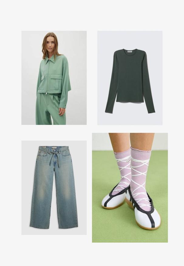 Jaka mint zelene barve, skrajšana, z ovratnikom, sprednjim zadrgo in dvema velikima našitima žepoma; izdelana iz gladkega, lahkega materiala.; Zgornji del z dolgimi rokavi v temno zeleni barvi, iz mehke tkanine. Ima okrogel izrez in sproščen kroj z ravnim robom. Oznaka blagovne znamke: WEEKDAY.; Svijetloplave široke traperice napravljene od denima, s kopčanjem na kaiš i diskretnim izbleđivanjem. Uključuju dva prednja džepa i opušteni kroj.; Bele čevlji z ravnim podplatom in črnim robom ter podplatom, v kombinaciji s svetlo vijoličastimi rebrastimi nogavicami, ki imajo bele križaste trakove. Postavljeni na zeleni podlagi.