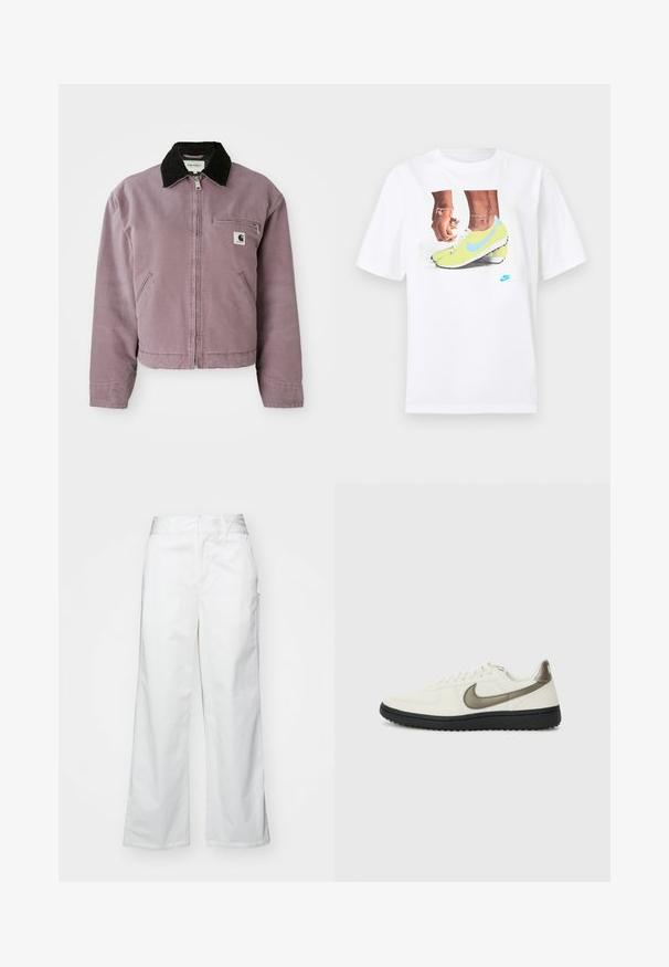 Lilla lærredjakke med en sort kordfløjlkrave, lynlås lukning og brystlomme. Har sidelommer og en cropped design.; Hvid bomulds t-shirt med et grafisk motiv af fødder i gule Nike støvler med blå accenter, parret med et armbånd på venstre håndled.; Hvide brede bukser lavet af bomuld, med en glat overflade, lige pasform, forlommer og en ren kant.; Nike Sportswear FIELD GENERAL - Sneakers - off-white/black