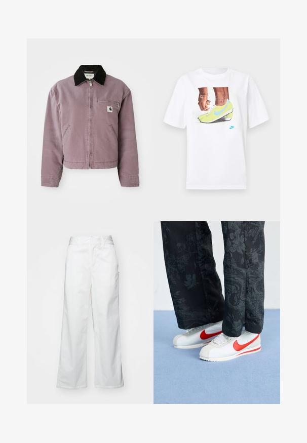 Lila vászondzseki fekete kordbársony gallérral, cipzáras záródással és mellzsebbel. Oldalsó zsebekkel és rövidített fazonnal rendelkezik.; Fehér pamut póló, amelyen sárga Nike cipőben lévő lábak grafika található kék részletekkel, bal csuklón pedig egy karkötő látható.; Fehér, bő szárú nadrág, pamutból készült, sima textúrával, egyenes szabással, elülső zsebekkel és tiszta szegéllyel.; Fehér Nike sportcipő piros részletekkel, fekete virágmintás nadrággal párosítva. Az anyag sima, lapos fonott talppal.