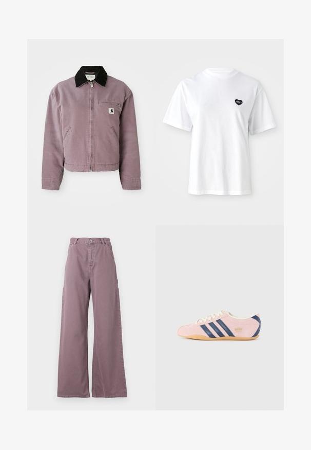 Fialová plátenná bunda s čiernym kordovým golierom, zipsovým uzáverom a vreckom na hrudi. Obsahuje bočné vrecká a skrátený strih.; Biela krátk 오후 t-shirt vyrobená z bavlny, s malým čiernym logom v tvare srdca na ľavej strane hrude.; Široké nohavice z bavlny v jemnej fialovej farbe, s predným zapínaním na gombík, bočnými vreckami a prešitím pozdĺž švov.; Svetloružové tenisky z semišu s námornícky modrými pruhmi a akcentmi. Majú svetložltý jazyk a šnúrky, s gumovou podrážkou.