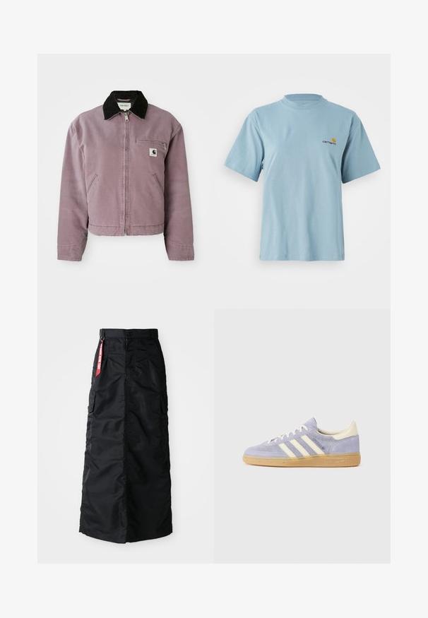 Violetinė drobės striukė su juodu aksominiu apykakle, užtrauktuku ir krūtine kišene. Turtinga šoninėmis kišenėmis ir sutrumpinta dizainu.; Mėlynos spalvos trumpomis rankovėmis medvilninis marškinėliai su apvaliu kaklu ir mažuoju geltonu bei raudonu Carhartt logotipu kairiajame krūtinės šone.; Juoda ilga sijonas su priekiniais sagčių ir užtrauktuku, šoniniais cargo kišenėmis ir raudonu audinio žymekliu "Pašalinti prieš skrydį" ant liemens.; Violet suede sportbačiai su trimis baltais dryžiais, guminėmis padais ir kreminės spalvos akcentais ant kulno ir liežuvėlio. Minimalistinis dizainas su logotipo detale.