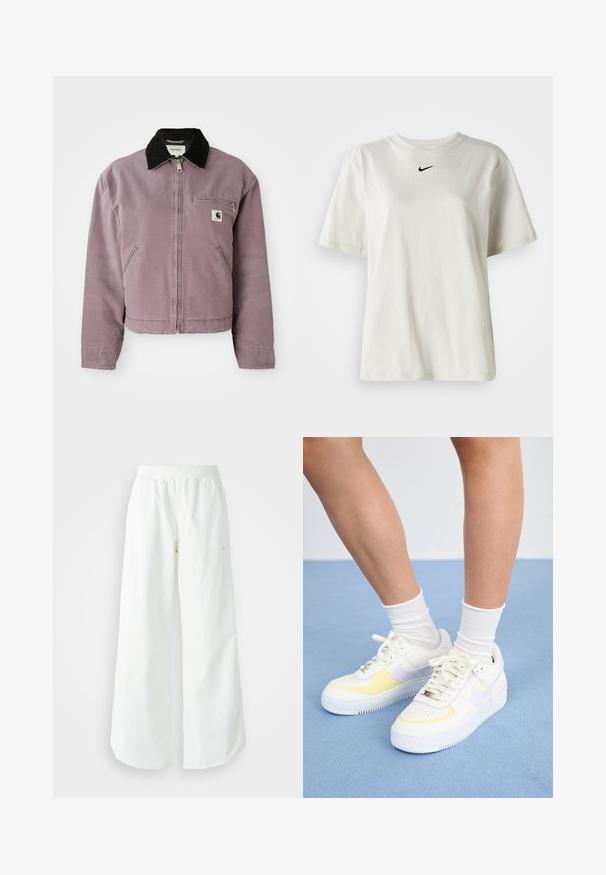 Violeta auduma jaka ar melnu korduroja apkakli, ar rāvējslēdzēja aizdari un krūšu kabatu. Satur sānu kabatas un ir īsāka dizaina.; Balts kokvilnas T-krekls ar apaļu kakla izgriezumu un īsām piedurknēm. Uz krūtīm ir neliels melns Nike logo. Vienkāršs un bez rotājumiem dizains.; Baltas, platais sporta bikses ar ribotu jostasvītru un smalku logotipa detaļu. Gluda auduma ar brīvu piegriezumu un sašaurinātu apakšdaļu.; Balti ādas sporta apavi ar dzelteniem un lavandas akcentiem, apaļa purngala forma, plakani šņores un teksturēta gumijas zole. Valkāti ar baltām zeķēm.