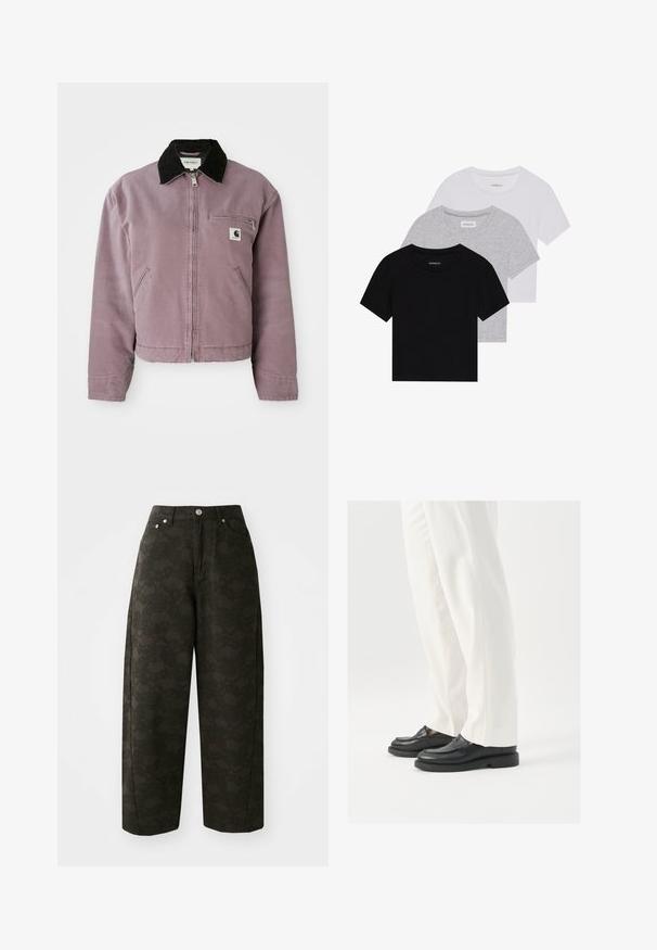 Violetti kangas takki mustalla samettikauluksella, vetoketjusuljennus ja rintatasku. Sisältää sivutaskut ja lyhennetyn muotoilun.; Kolm lyhythihaista t-paitaa mustana, harmaana ja valkoisena. Valmistettu puuvillasta, jossa on pyöreä kaula-auko ja yksinkertainen, tasavärinen muotoilu.; Tummanvihreät leveälahkeiset housut, joissa on teksturoitu kukkakuosi, viisipaikkainen muotoilu ja metallinapeilla suljettava vyötärö.; Musta nahkakengät, joissa on sileä pinta, ompelusedet ja pyöristetty kärki, yhdistetty valkoisiin räätälöityihin housuihin.
