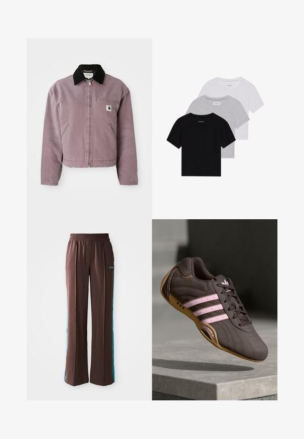 Giacca in tela viola con colletto in corduroy nero, chiusura a zip e tasca sul petto. Presenta tasche laterali e un design corto.; Set di tre t-shirt a maniche corte in nero, grigio e bianco. Realizzate in cotone, presentano un collo a giro e un design semplice in un colore solido.; Pantaloni sportivi marroni con texture a coste, vita elastica e strisce laterali turchesi. Presentano il logo adidas sul davanti.; Scarpa atletica in suede marrone con strisce e logo rosa, dotata di una tomaia testurizzata, chiusura con lacci e suola in gomma color miele.
