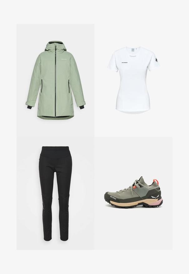 Lichtgroene waterdichte jas met een ritssluiting aan de voorkant, een verstelbare capuchon en twee zijzakken, met zwarte details op de mouwen en ritsen.; Korte mouwen witte sportshirt met een ronde halslijn, voorzien van een logo op de borst en een gladde, lichte stoftextuur.; Zwarte atletische legging met een hoge tailleband, een gladde textuur, logo-detailles en accenten in de zijpanelen voor extra visueel belang.; Lichte groene wandelschoen van mesh en rubber, zwarte traction outsole, met roze en oranje accenten en een verstevigde neus.