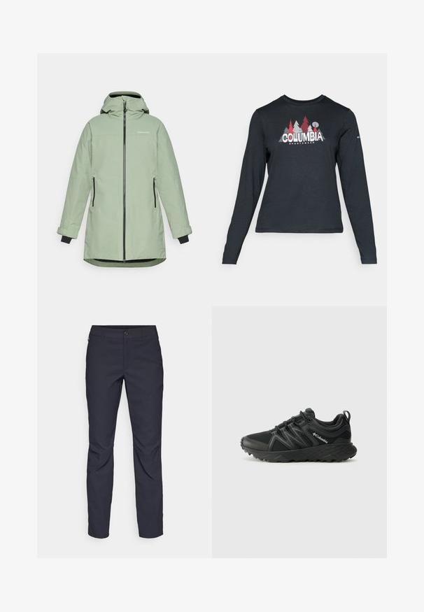 Šviesiai žalia nelaidi vandeniui striukė su užtrauktuku priekyje, reguliuojama kapišonu ir dviem šoninėmis kišenėmis, su juodais akcentais ant rankovių ir užtrauktukų.; Ilga rankovė tamsiai pilka marškinėliai su raudonų medžių ir kalnų grafika; drąsaus baltos spalvos teksto "COLUMBIA" logotipas. Minkšta medžiaga, standartinis apvalus kaklas.; Tamsiai mėlynos kelnės, pagamintos iš lygaus audinio, su priekiniais mygtukais, lieknos silueto ir raukšlėmis ant kelių.; Columbia PEAKFREAK - Turistiniai batai - black