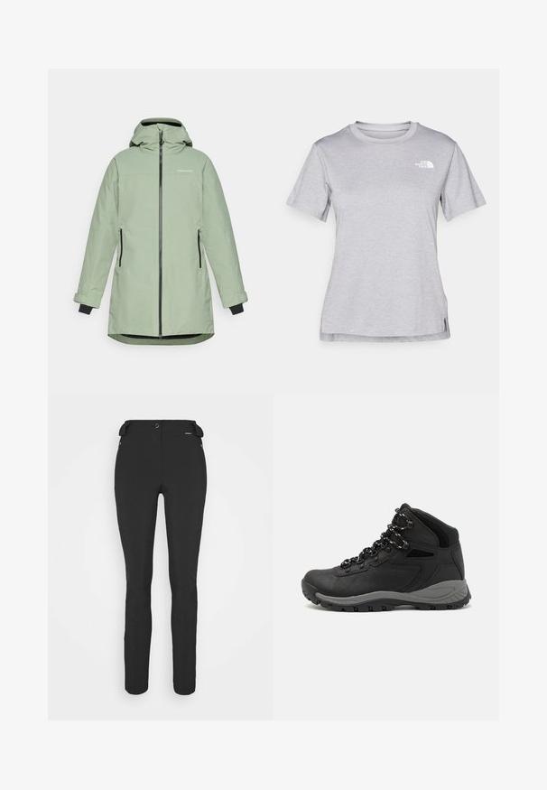 Gaiši zaļa ūdensizturīga jaka ar rāvējslēdzēju priekšpusē, regulējamu kapuci un divām sānu kabatām, ar melniem akcentiem pie aprocēm un rāvējslēdzējiem.; Pelēks īsām piedurknēm T-krekls, kas izgatavots no mīksta, mitrumu noturoša auduma. Tam ir apaļš kakls un neliels balts logo kreisajā augšējā stūrī.; Melni, pieguļoši bikses, izgatavotas no elastīga materiāla. Iespējas ietver rāvējslēdzēju sānu kabatu, ar artikulētām ceļgaliem un gludu tekstūru.; Melni pārgājienu zābaki ar vidēju augstumu, ar teksturētu augšdaļu, pelēkiem akcentiem un izturīgu gumijas zoli ar saķeres izvirzījumiem.