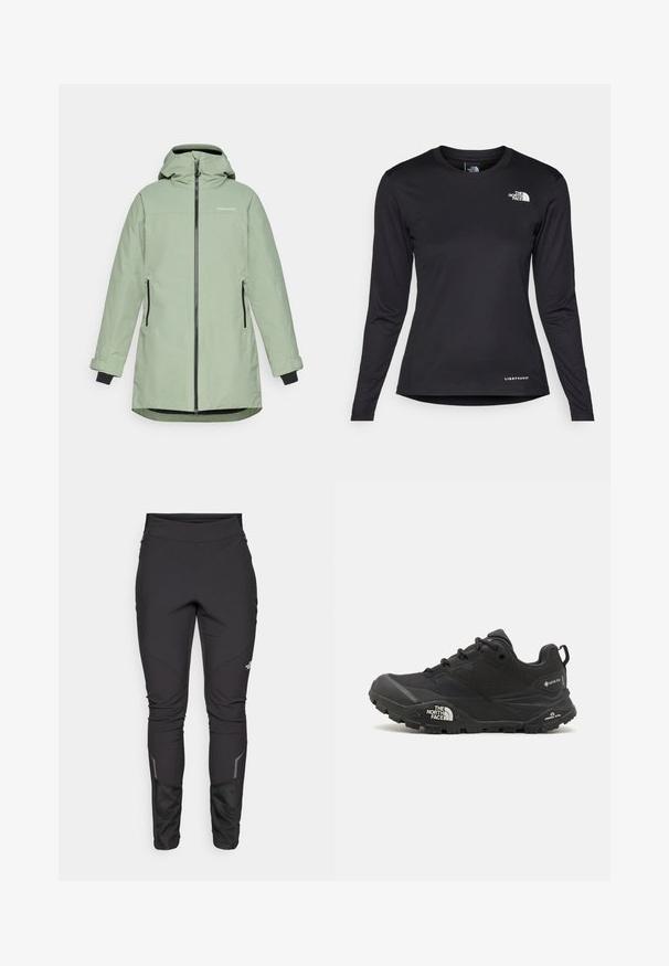 Svetlozelená nepremokavá bunda so zipsom vpredu, nastaviteľnou kapucňou a dvoma bočnými vreckami, s čiernymi detailmi na manžetách a zipsoch.; The North Face SHADOW LONG SLEEVE - Top s dlhým rukávom - black; Čierne vonkajšie nohavice s priliehavým strihom, odolnou tkaninou, reflexnými akcentmi a bočným prešívaním pre lepšiu pohyblivosť a pohodlie.; Čierna turistická obuv s textúrovaným povrchom, šnurovaním a masívnou gumovou podrážkou, na strane so zreteľným logom a vzormi na protišmykovú trakciu.
