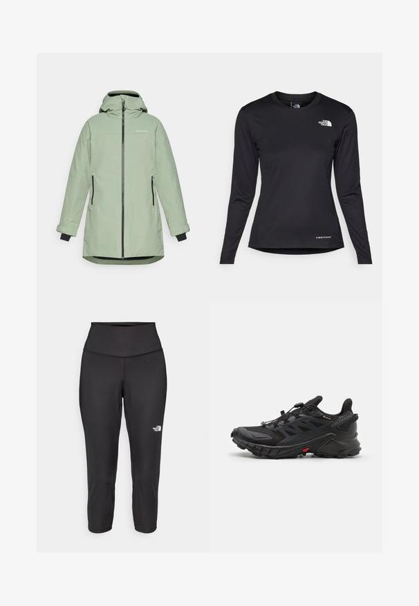 Heled roheline veekindel jakk, millel on lukuga esiosa, reguleeritav kapuuts ja kaks küljetaskut, mustade detailidega varrukatel ja lukus.; The North Face SHADOW LONG SLEEVE - Pikkade varrukatega topp - black; Mustad mustad capri retuusid on valmistatud elastsetest kangast, millel on kõrge vöökoht ja väike valge logo vasakul küljel. Sile tekstuur.; Mustad mustetreeningjalatsid, millel on tekstureeritud pealmine osa, turvaline paeltesüsteem, pehme tald ja silmapaistev punane aktsent külgmisel osal.