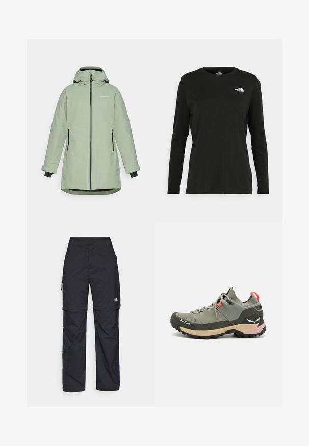 Lys grøn vandtæt jakke med lynlås foran, justerbar hætte og to sidelommer, med sorte detaljer på manchetter og lynlåse.; Sort langærmet t-shirt lavet af bomuld med rund hals. Har et lille hvidt logo på venstre brystområde. Enkel design og pasform.; Sorte nylon cargo bukser med lynlås, justerbare manchetter, flere lommer og et logo på højre ben. Glat, let tekstur.; Letvægts grøn vandresko med mesh- og gummimaterialer, sort skridfast ydersål, pink og orange detaljer samt forstærket tåhætte.