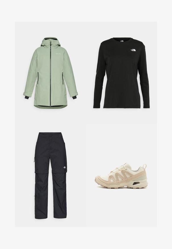 Heled roheline veekindel jakk, millel on lukuga esiosa, reguleeritav kapuuts ja kaks küljetaskut, mustade detailidega varrukatel ja lukus.; Must mustahiheline T-särk, millel on pikad varrukad, valmistatud puuvillast ja ümarast kaelusest. Vasakul rinnal on väike valge logo. Lihtne disain ja sobivus.; Mustad nailonist valmistatud eemaldatavad cargo-püksid, reguleeritavate pahkluudega, mitmete taskutega ja paremal jalal logoga. Sile, kerge tekstuur.; Beež ja koobalti spordijalats tekstureeritud võrkkattega, toetavad ülemised kihid ja kummist tallaga, millel on mustriga joonistus haardeks.