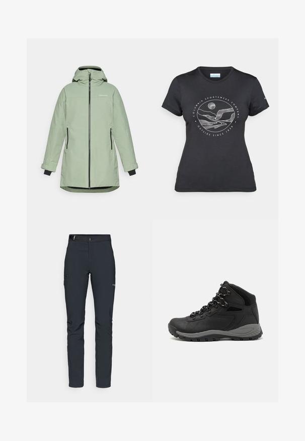 Lys grøn vandtæt jakke med lynlås foran, justerbar hætte og to sidelommer, med sorte detaljer på manchetter og lynlåse.; Sort Columbia t-shirt med hvid cirkulær bjerg- og flodlinjekunst samt teksten "Columbia Sportswear Company Udenfor Siden 1938."; Herrers udendørsbukser, mørkegrå, lavet af fleksibelt materiale, med bælte, lynlåslommer og forstærkede syninger.; Sort vandrestøvle med en mellem-højde design, der har en tekstureret overdel, grå detaljer og en holdbar gummisål med skridsikre klodser.